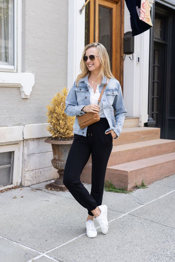 Denim Jacket with Black Sweatpants and White Sneakers